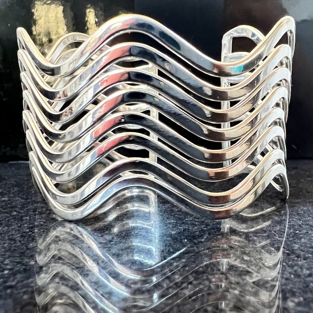 Silver Wavy Cuff Bracelet, Vintage Adjustable Silver Plated Cuff